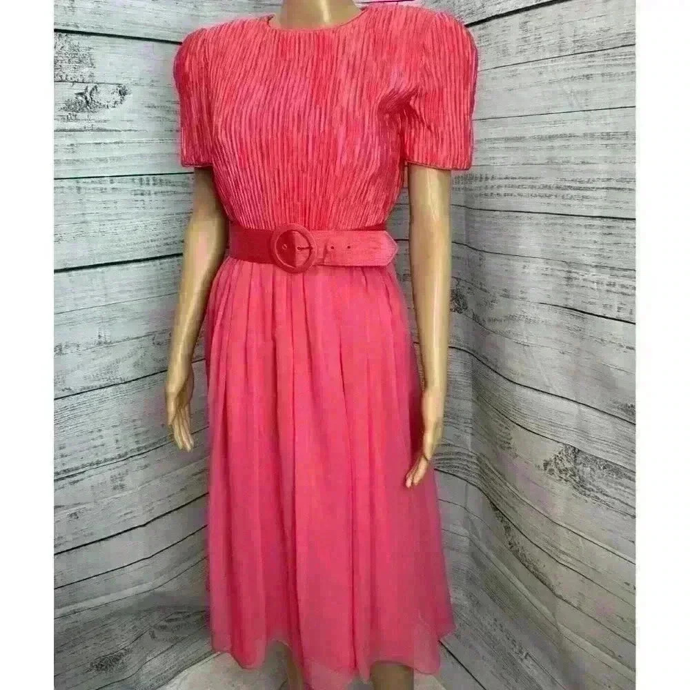 VTG 80s Talbots Joan Leslie Bright Pink Belted Party Dress Ribbed Chiffon Sz 6 P